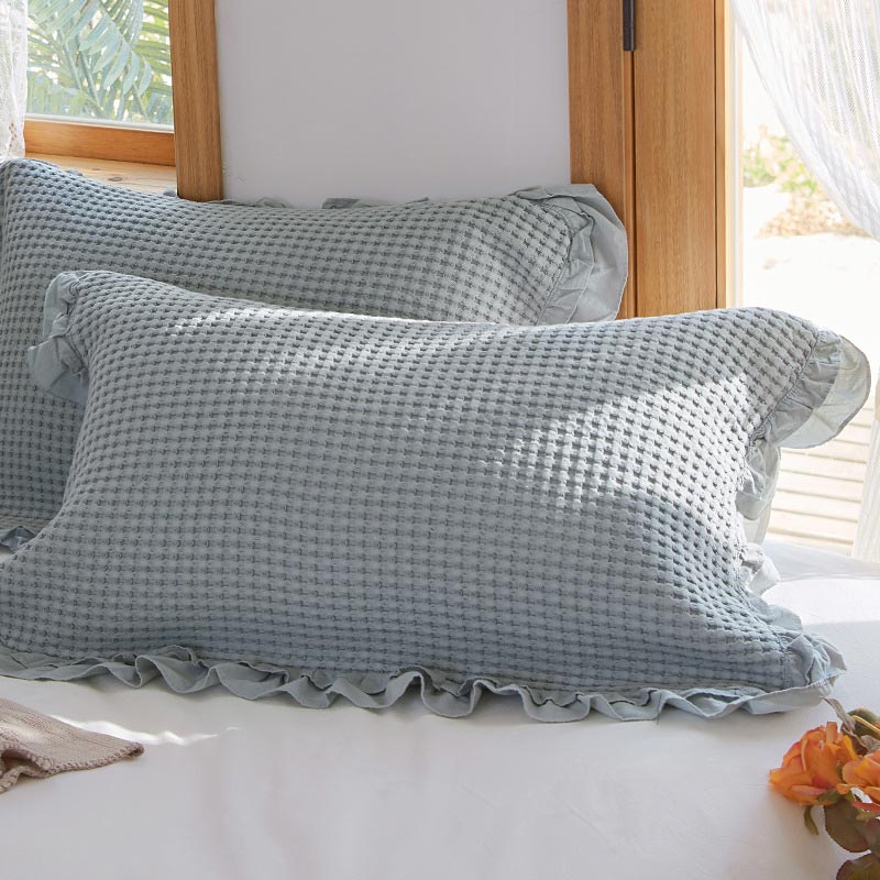 Waffle Weave Cotton Pillowcases with Ruffle (2PCS) - Gray Blue - 50cm x 75cm - image 11