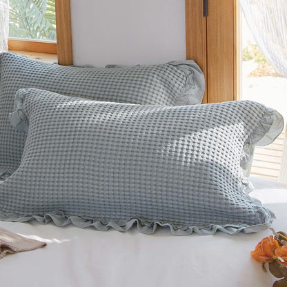 Waffle Weave Cotton Pillowcases with Ruffle (2PCS) - Gray Blue - 50cm x 75cm - image 11