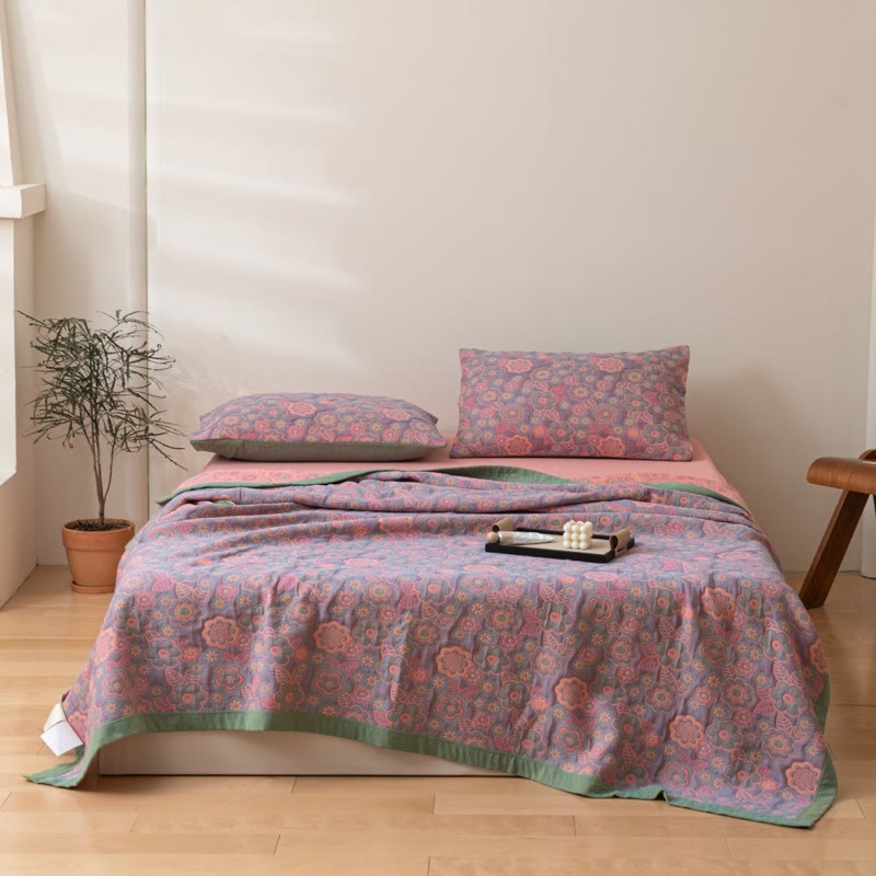 Flower Jacquard Cotton Gauze Reversible Quilt - Purple & Pink - Quilt - King - image 0