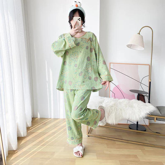 Plus Size Tree Cotton Gauze Loungewear Set - Green - 5XL - image 0