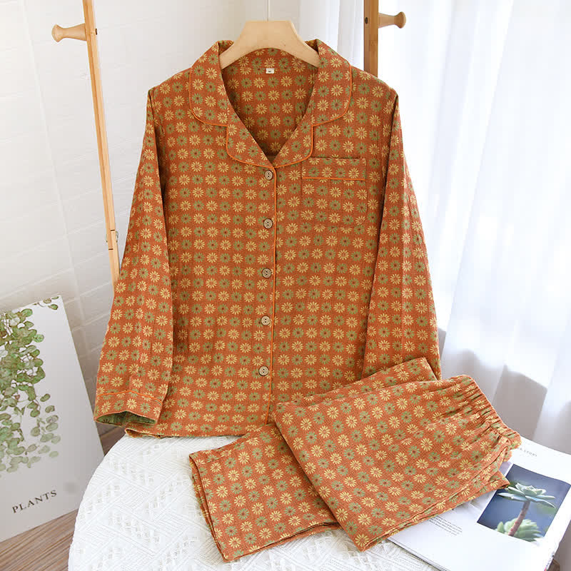 Jacquard Daisy Pure Cotton Loungewear Set - Orange - XL - image 0