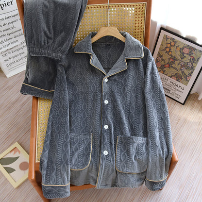 Solid Color Lapel Flannel Pajama Set - Dark Gray - Men XL - image 14