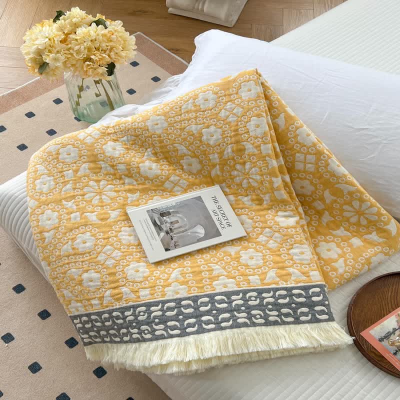 Retro Floral Cotton Gauze Tassel Quilt - Yellow - Queen - image 0