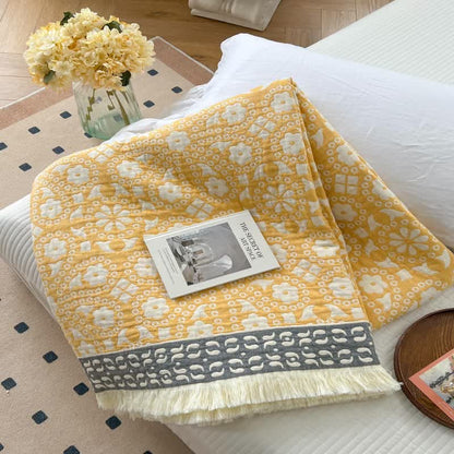 Retro Floral Cotton Gauze Tassel Quilt - Yellow - Queen - image 0