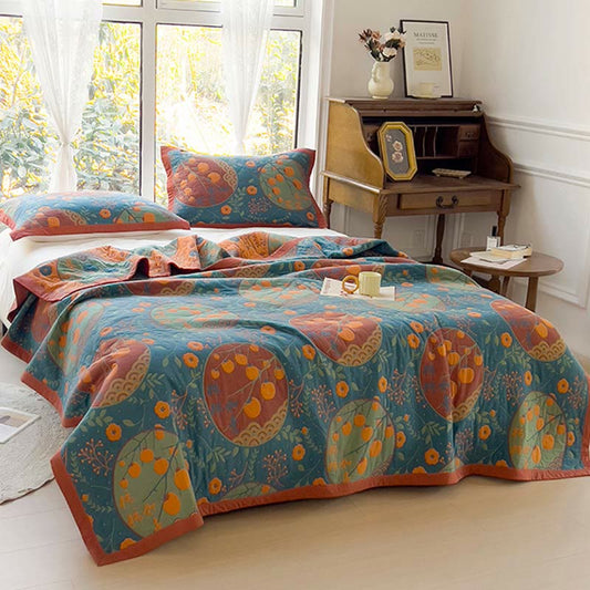 Persimmon Flower Cotton Double Side Quilt - Quilt with 2pcs Pillow Towels - Blue & Orange - King - image 0