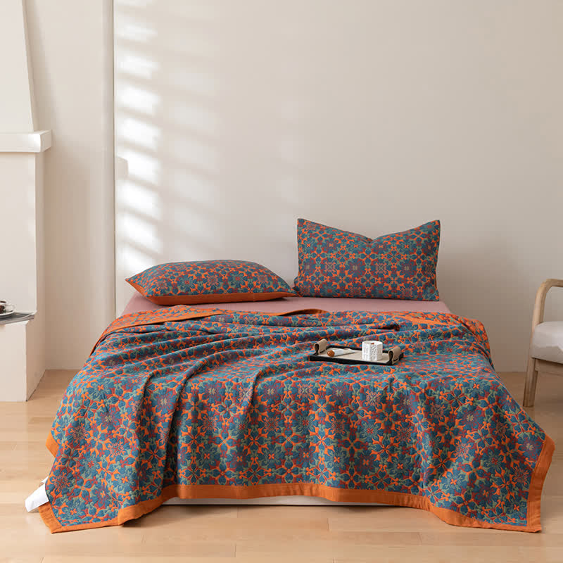 Orange & Blue Pattern Six Layers Cotton Quilt - Quilt with 2PCS Pillowcases - King - image 4