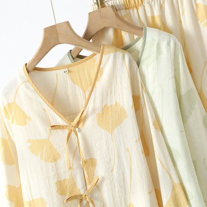 Ginkgo Leaf Bowknot Cotton Loungewear Set - image 1