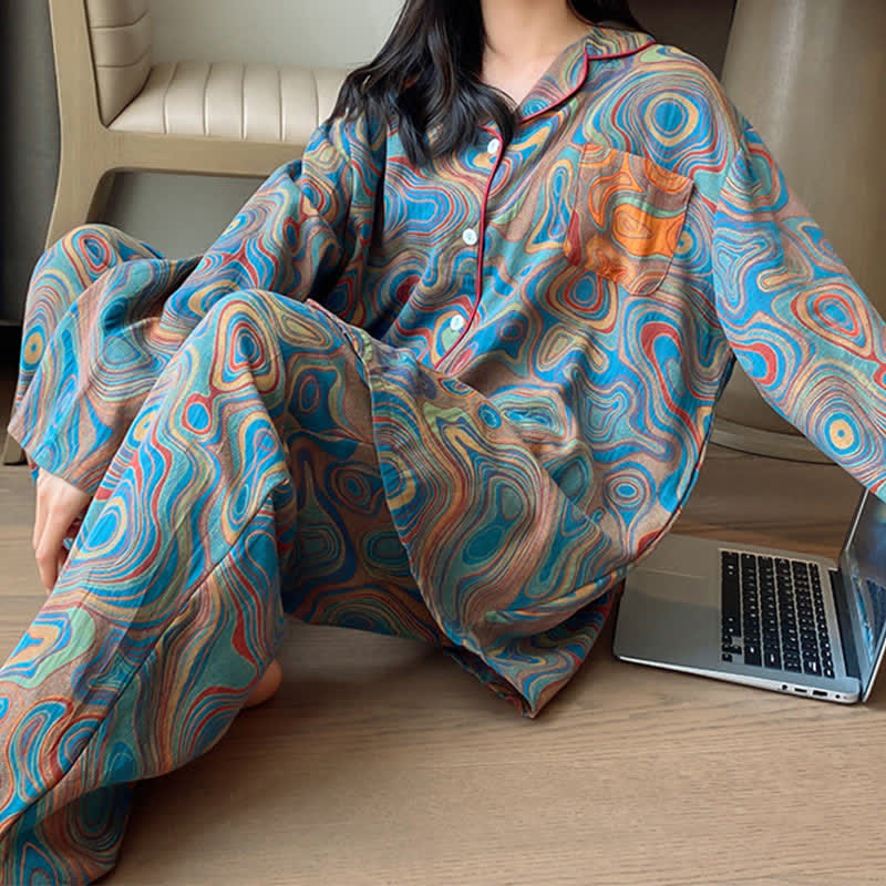 Plus Size Art Print Cotton Loungewear Set - Blue - 5XL - image 0