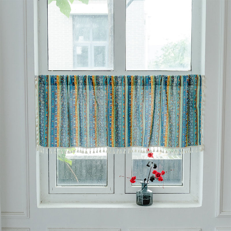 Colorful Plaid Pattern Tassel Tier Curtain - Blue - Hook - 52"W x 96"L - image 6