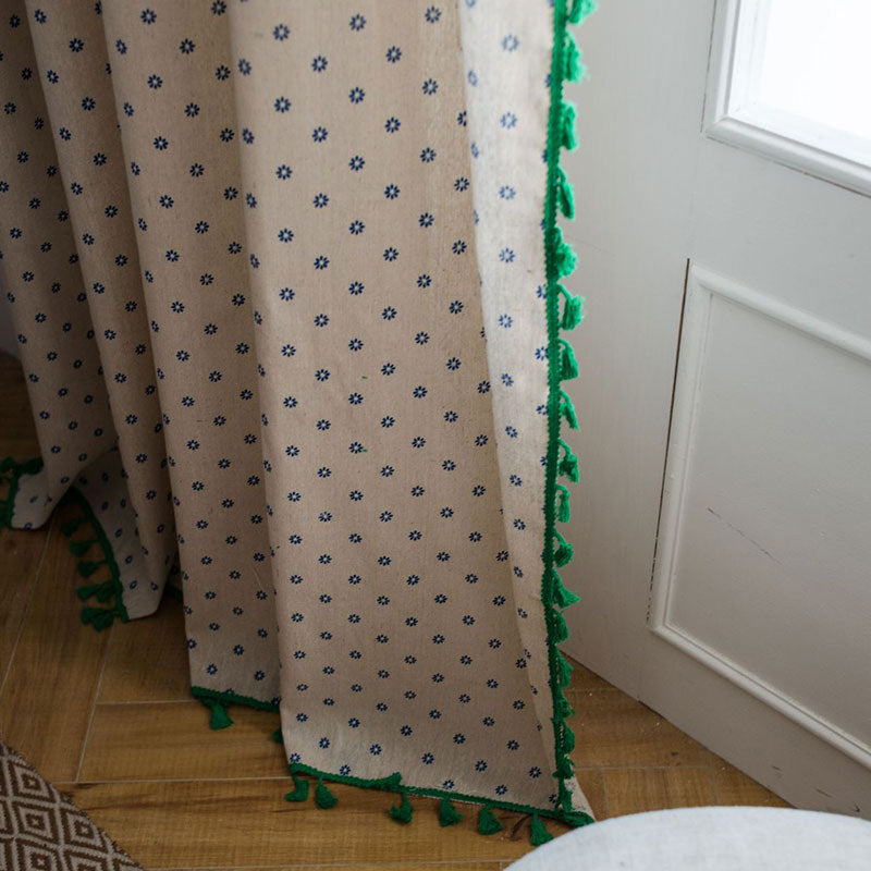 Blue Daisy Green Brim Cotton Curtain - image 6