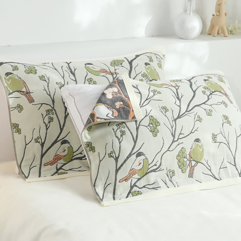 Cotton Gauze Hawthorn Bird Pillow Towel (2PCS) - Green - 52cm x 76cm - image 1