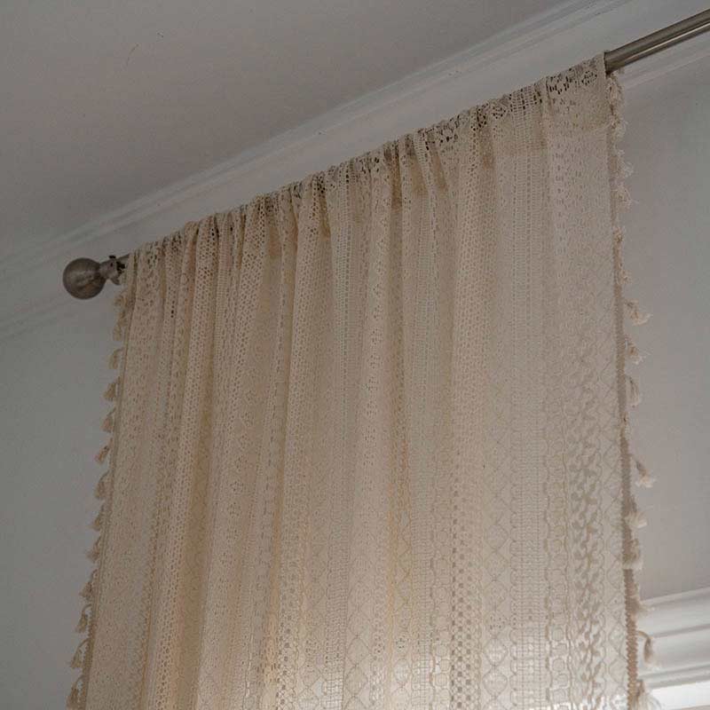 Cotton Beige Curtain Hollow-Out Tassel Drapes - image 7
