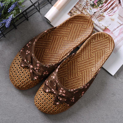 Retro Bowknot Breathable Flax Slippers - Coffee - Large - image 3
