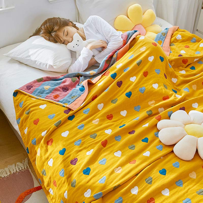 Colorful Hearts Cotton Gauze Reversible Quilt - Yellow - Queen - image 0