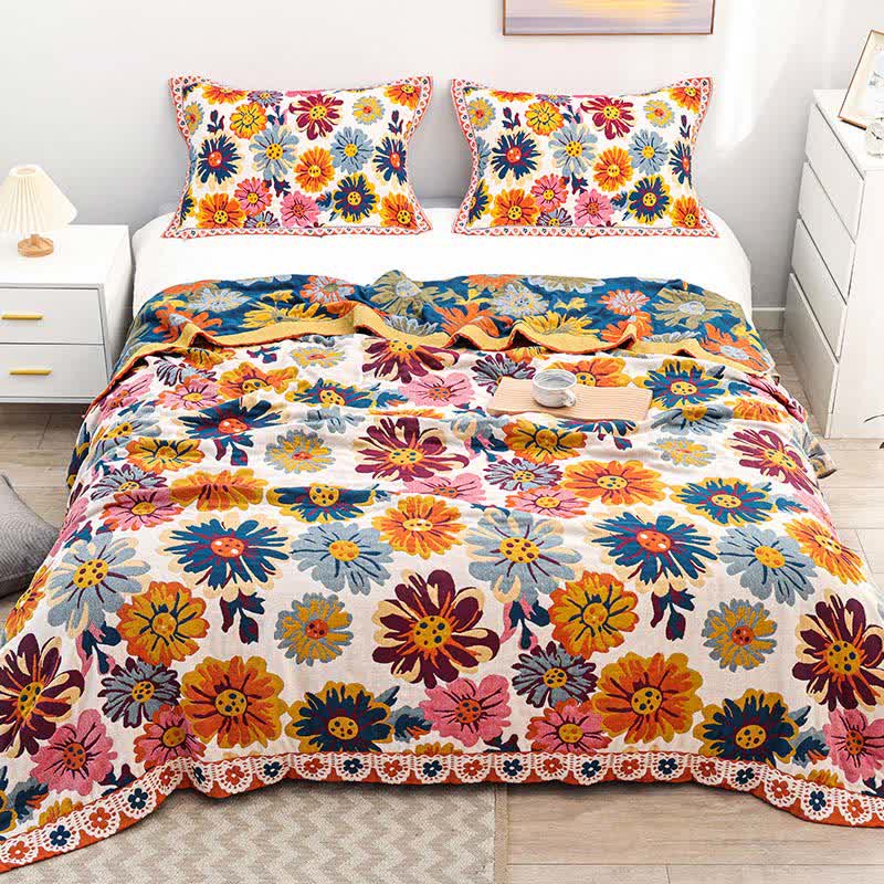 Bright Colorful Flower Cotton Reversible Quilt - Quilt with 2pcs Pillow Towels - Queen - image 1