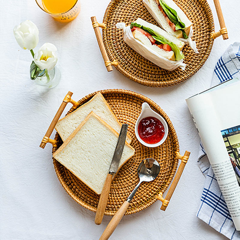 Ownkoti Hand Woven Rattan Round Tray With Handles - image 1