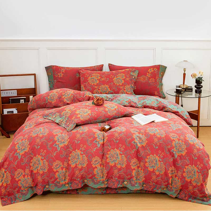 Flower Print Red Cotton Bedding Sets(4PCS) - Button - Red - King - image 0