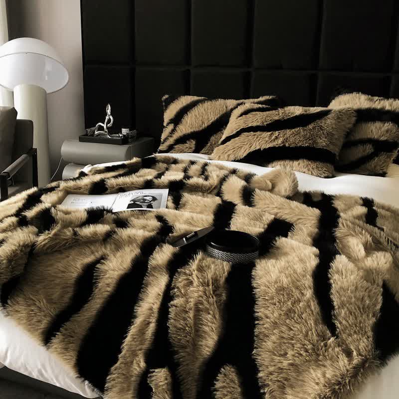 Modern Zebra Print Faux Fur Blanket - Brown & Black - Full - image 0