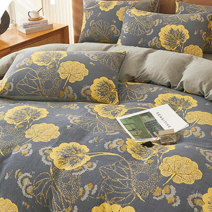 Yellow Leaf Print Cotton Bedding Sets (4PCS) - image 1