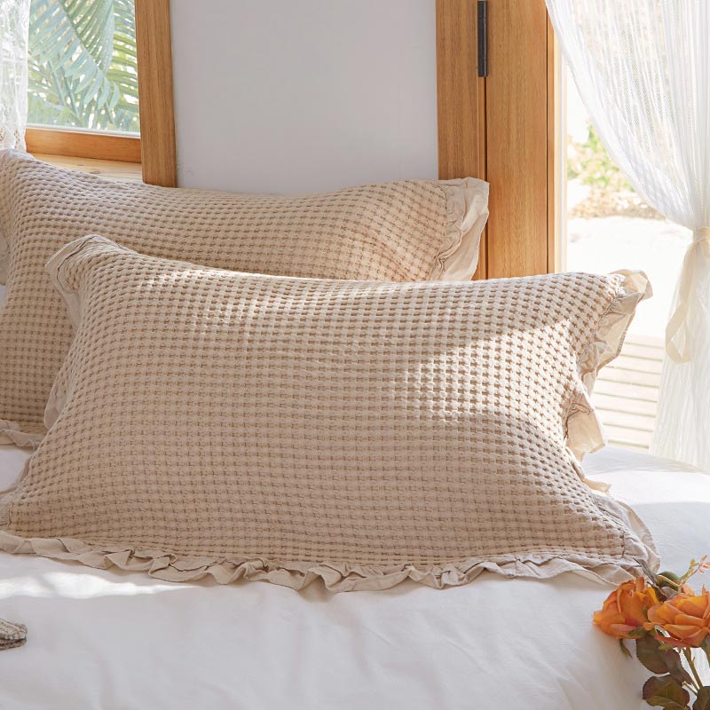 Waffle Weave Cotton Pillowcases with Ruffle (2PCS) - Beige - 50cm x 75cm - image 7