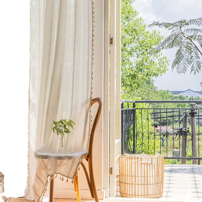 Stripe Semi-Blackout Curtain Hollow-Out Tassel Drapes - image 3