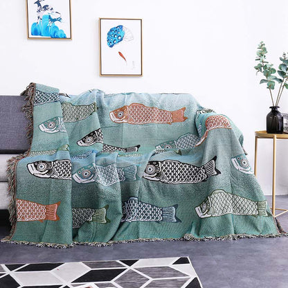 Koi Print Tassel Reversible Blanket - Green - 63" x 86" - image 0
