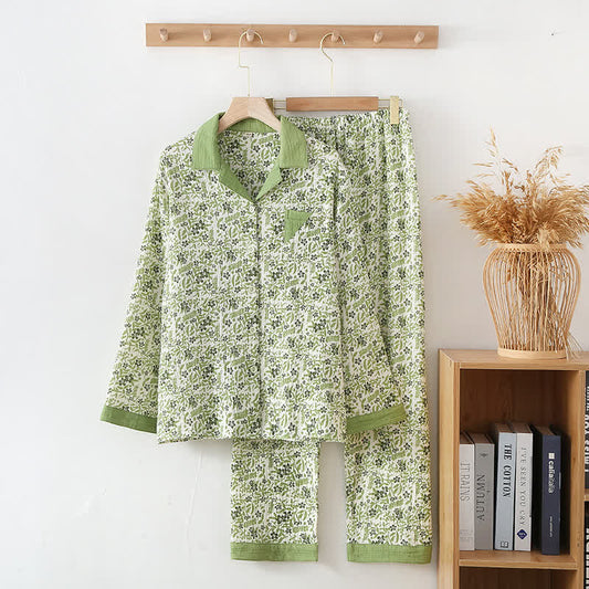 Pastoral Style Floral Cotton Loungewear Set - Green - XL - image 0