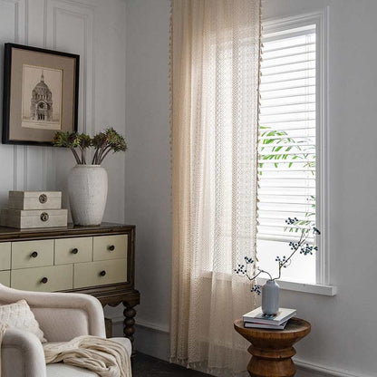 Cotton Beige Curtain Hollow-Out Tassel Drapes - image 4