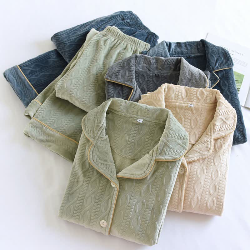 Solid Color Lapel Flannel Pajama Set - image 2