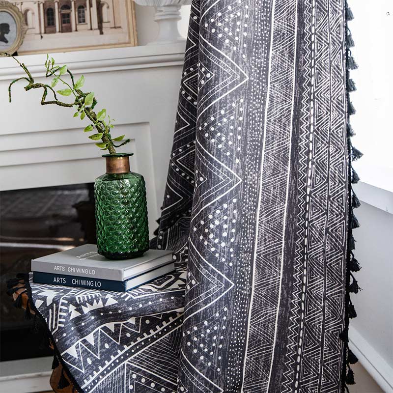 Ownkoti Bohemian Black Geometric Cotton Tassels Curtains - image 2