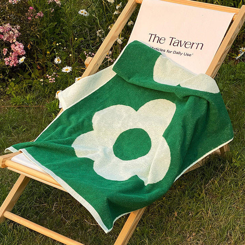 Flower Breathable Cotton Soft Towel - Green - 70cm x 140cm - image 0