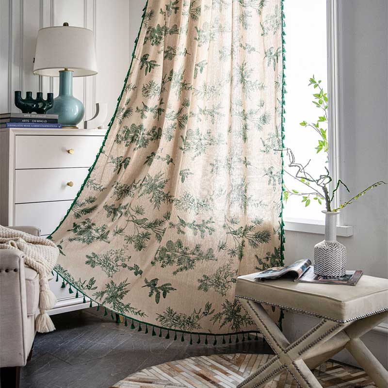 Green Pine Bird Pattern Tassel Curtain - image 1