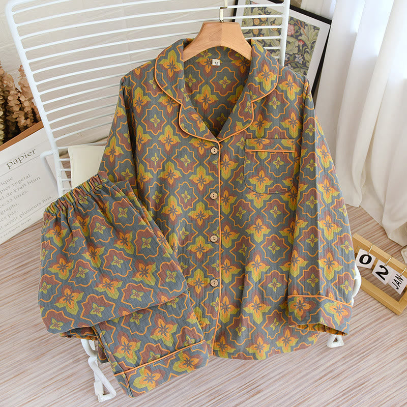 Rhombus Flower Lapel Cotton Loungewear Set - Blue Gray & Orange - XL - image 0