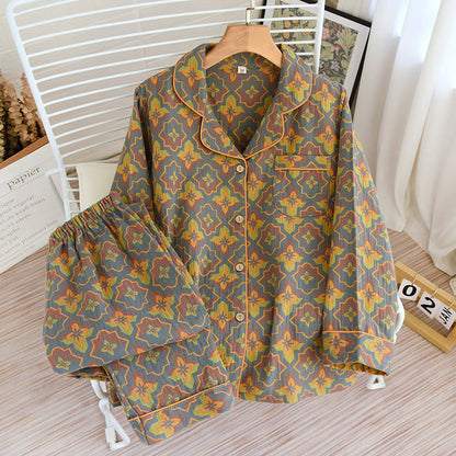 Rhombus Flower Lapel Cotton Loungewear Set - Blue Gray & Orange - XL - image 0