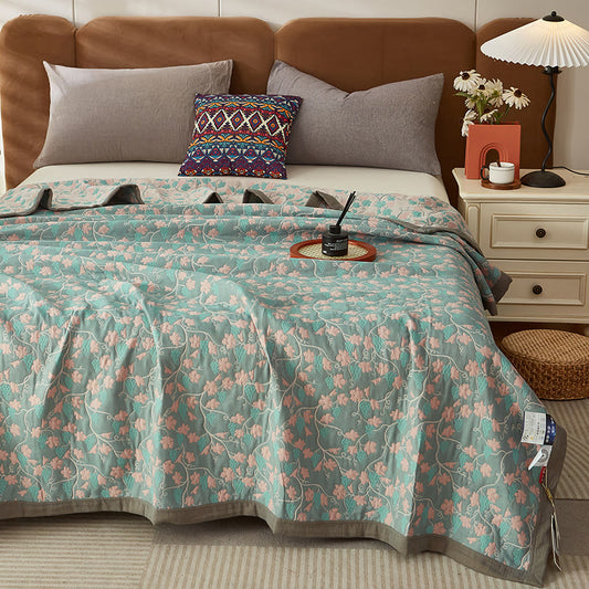 Vine Leaf Three-layer Cotton Reversible Quilt - Blue & Gray - 2PCS Pillow Towels - 21" × 31" - image 0