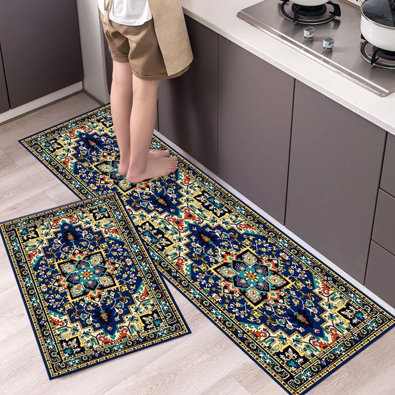 Retro Pattern Kitchen Rugs Set - Blue & Yellow - 15"×23" + 15"×47" - image 1