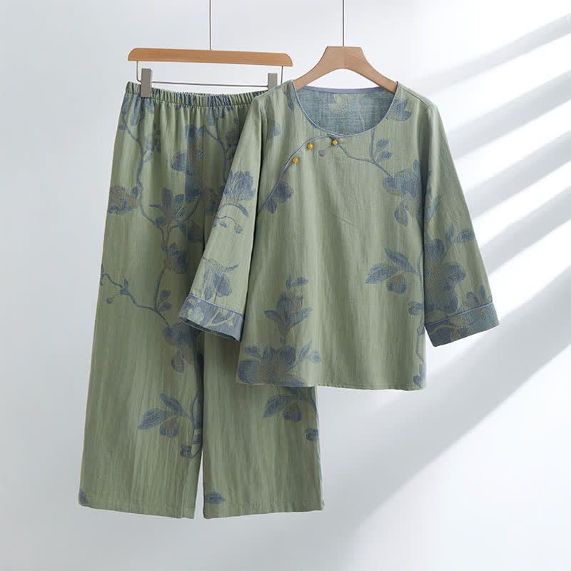 Floral Comfy Cotton Round-neck Loungewear Set - Green - XL - image 0