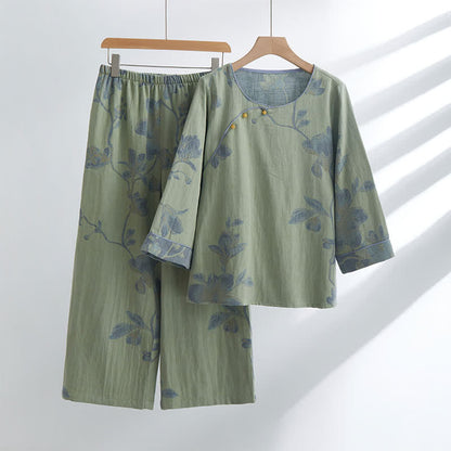 Floral Comfy Cotton Round-neck Loungewear Set - Green - XL - image 0