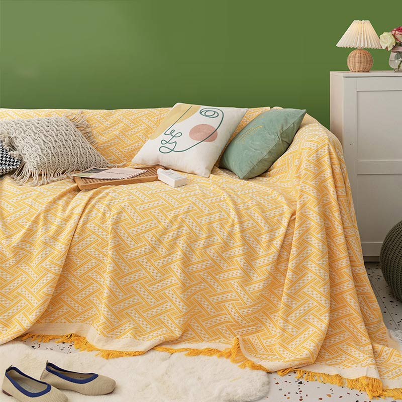 Ownkoti Soft Tassel Blanket Reversible Sofa Cover - Yellow - 71" x 134" - image 0