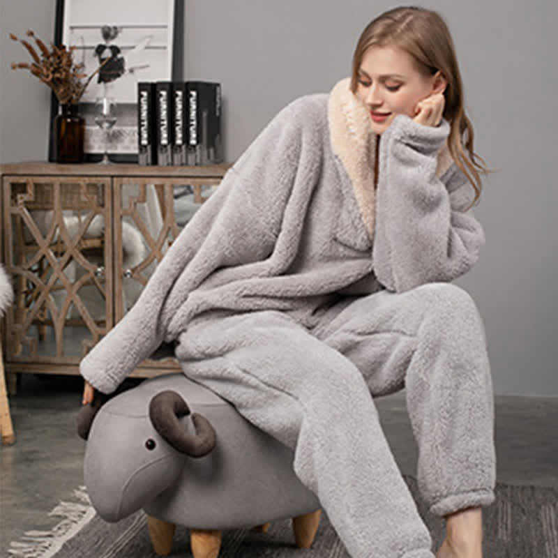 Ownkoti Simple V-Neck Warm Winter Loungewear Set - Gray - 2XL - image 11