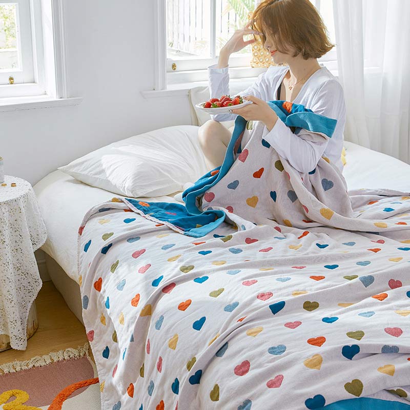 Colorful Hearts Cotton Gauze Reversible Quilt - image 9