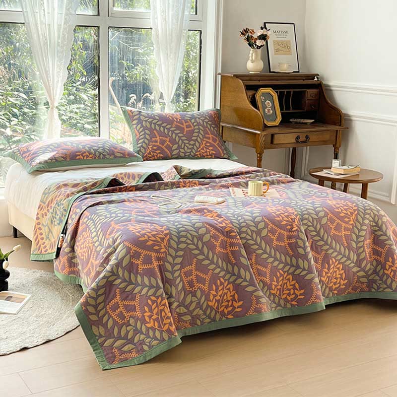 Green & Orange Leaf Cotton Reversible Quilt - image 1