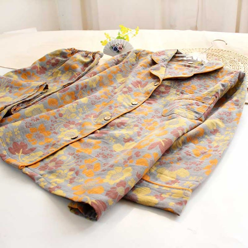Yellow Daisy Lapel Cotton Loungewear Set - image 2