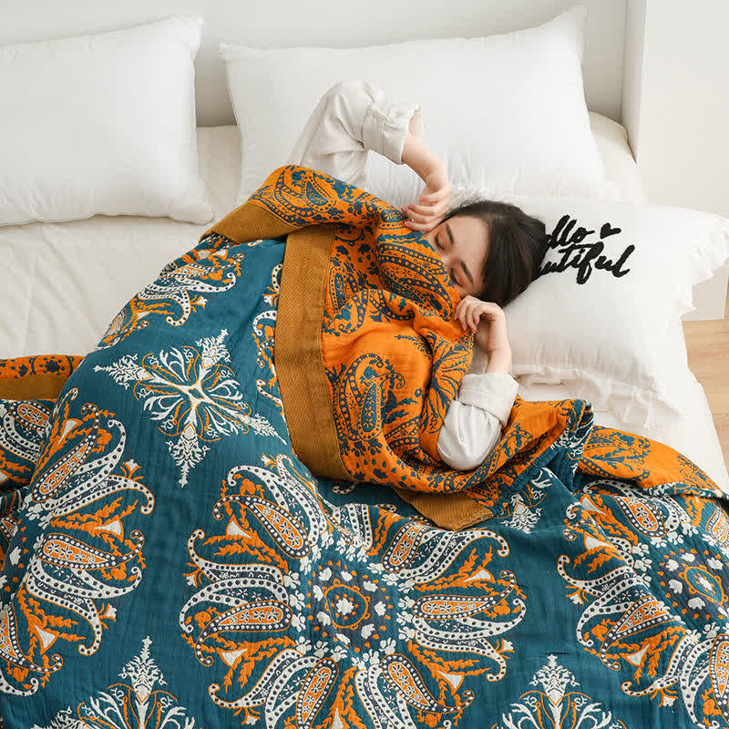 Flower Cotton Gauze Quilt Reversible Blanket - Blue - King - image 8