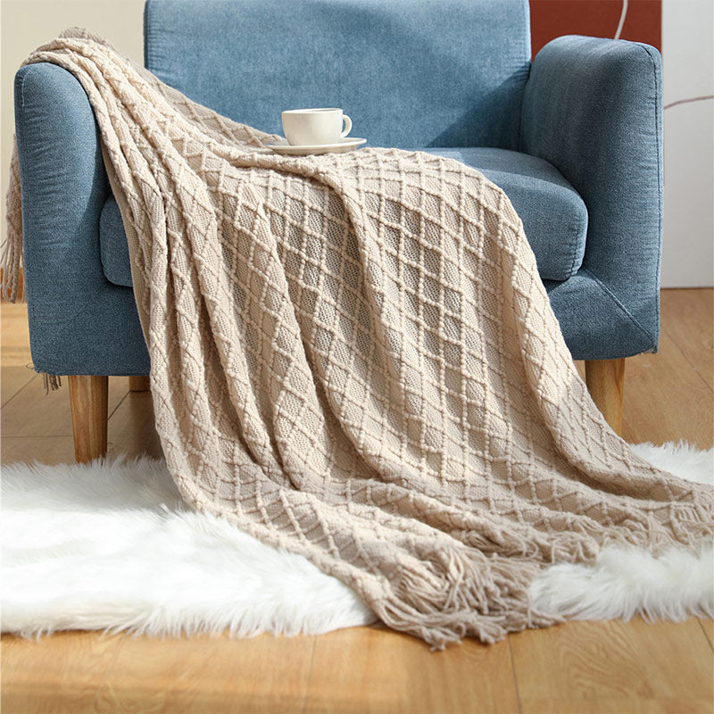 Ownkoti Knitted Prismatic Pattern Blanket with Tassels - Khaki - 50" x 60" - image 8