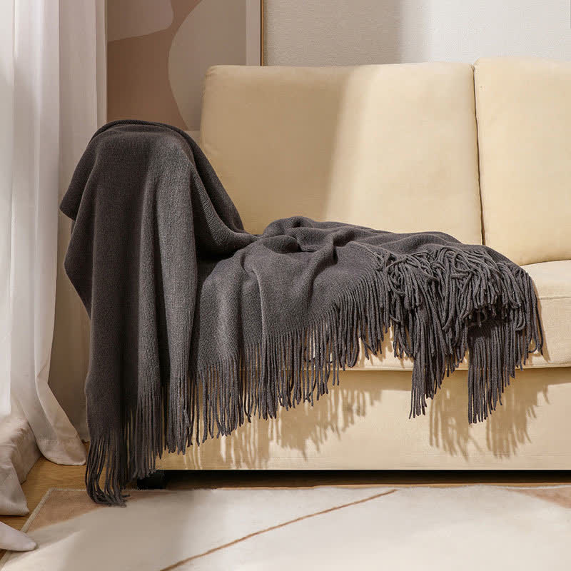 Simple Solid Color Tassel Throw Blanket - Black - 51" x 94" - image 3