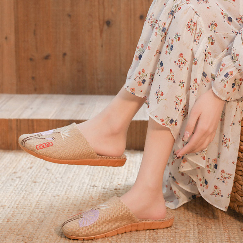 Retro Embroidered Lotus Flax Slippers - image 6