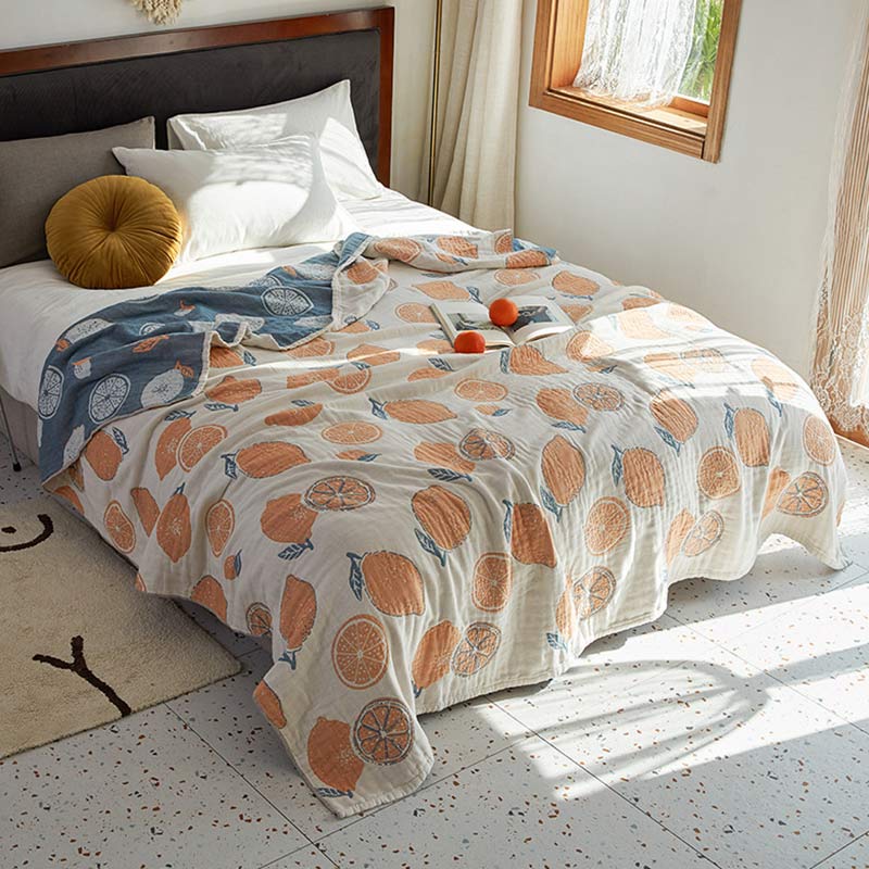 Lemon Pattern Cotton Gauze Reversible Quilt - Beige - Queen - image 5
