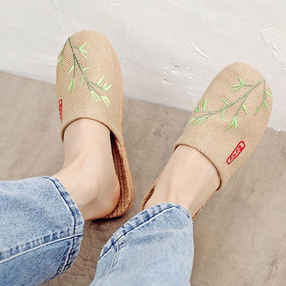 Embroidered Plum Bossom Comfy Flax Slippers - Green Bamboo - 3XL - image 15