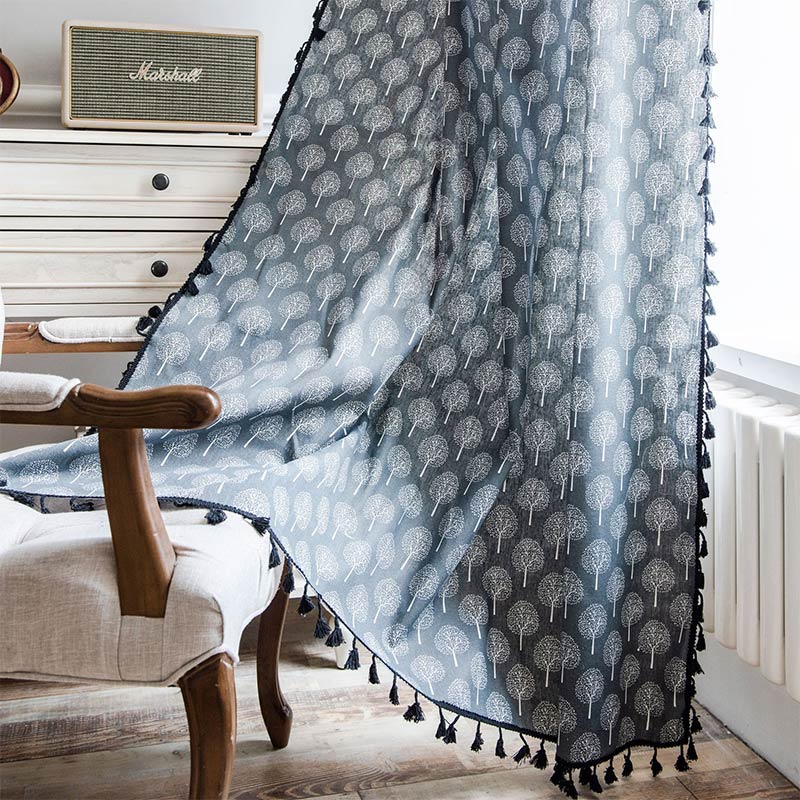 Countryside Style Tree Cotton Linen Curtain - Black - Hook - 59"W x 102"L - image 6